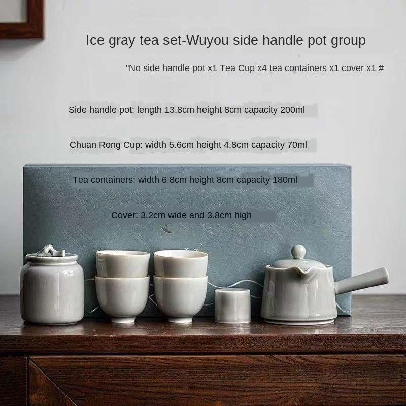 

Japanese Ice Gray Glaze Porcelain Kung Fu Tea Set Household Tureen Side Handle Pot Set Ceramic Tea Set Chinese Tea Set Tea Cup