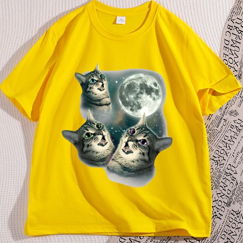 Three Cat Moon T Shirt Man Cotton Short Sleeve Funny Cat Parody Tshirt Wolf Moon Cat Cute Kitten Tshirt Male Clothes Tops