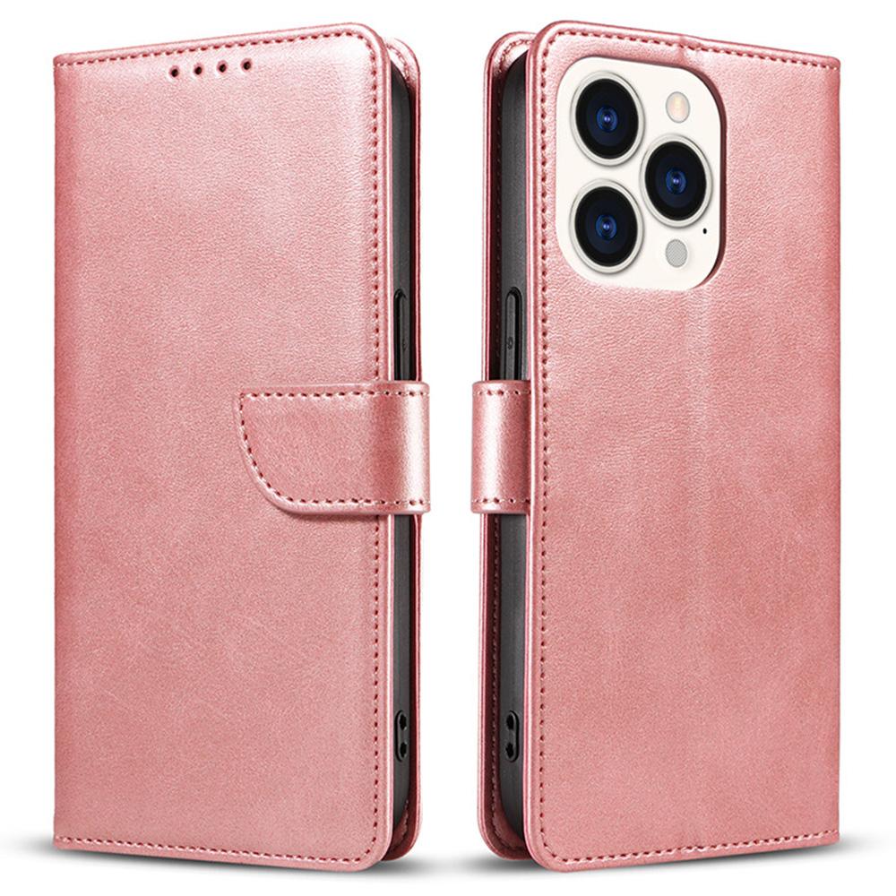 

For iPhone 16 Pro Max Case Calf Texture Magnetic Clasp Wallet PU Leather Phone Cover Rose Gold