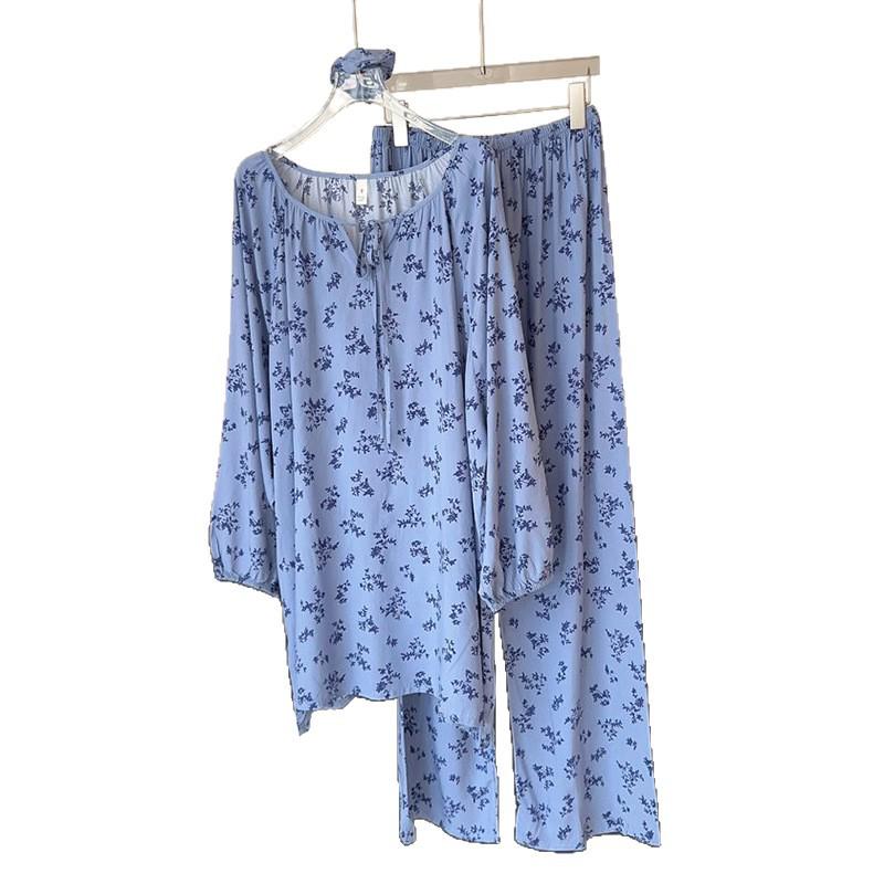 2025 Women's Lyocell-Cotton Pajama Set: Round Neck, Long Sleeve, Thin Pants, Simple Print