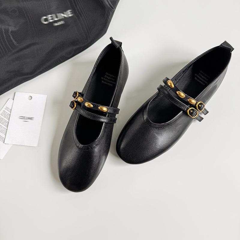 

2025 autumn new flat-soled single shoes super soft evening shoes apricot shoes French double-breasted leather Mary Jane shoes 34