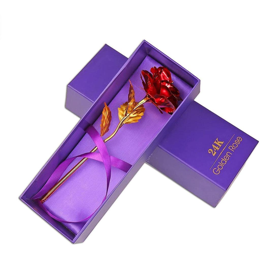 Red Rose Flower with Golden Leaf with Gift Box with Carry Bag