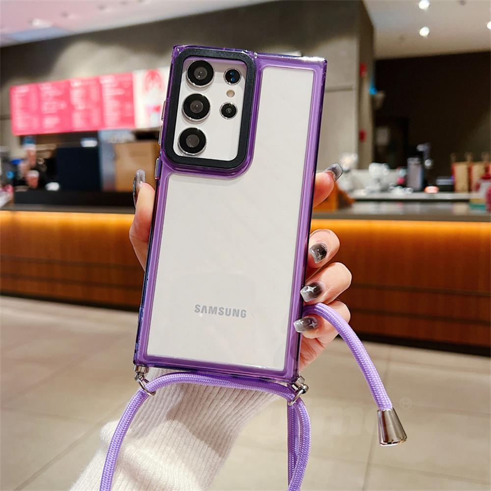Shockproof  Strap Phone Case For Samsung Galaxy S24 Ultra S23 Plus S22 S21 S20 FE A24 A54 A14 Crossbody Cord Lanyard Clear Cover