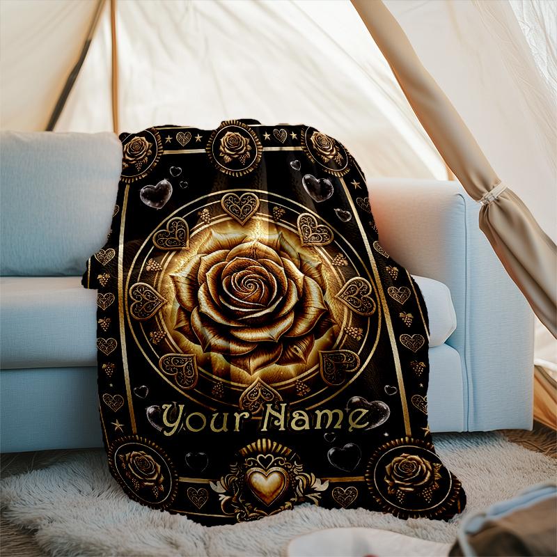 1PC Custom Name Golden Rose Romance flannel blanket versatile,all-season throw suitable for the living room,bedroom,camping,travel,and gift
