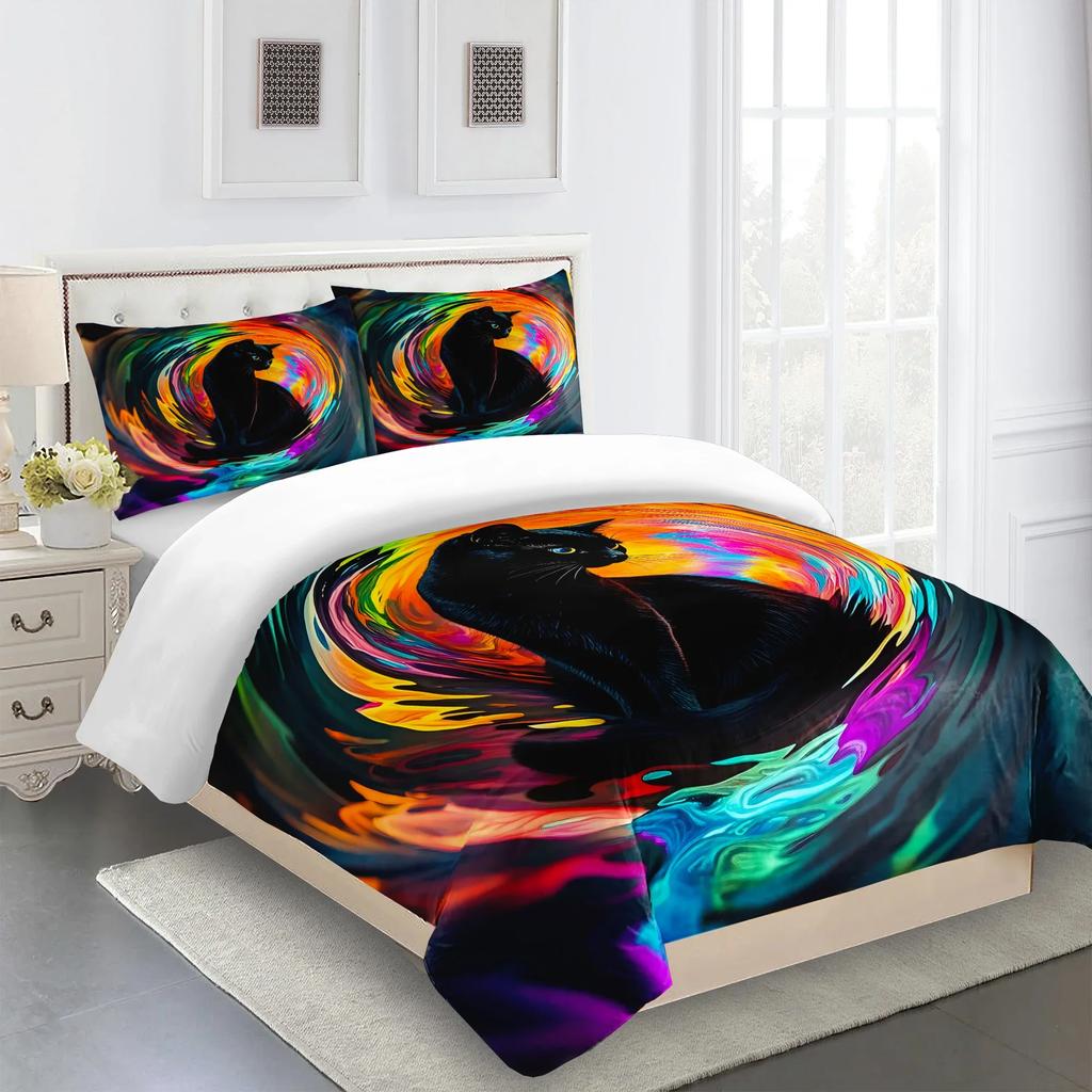 Black Cat Duvet Cover Set Cartoon Cat Bedding Set for Kids Boys Girls Mysterious Void Individual Pillowcase, Duvet Cover or Set