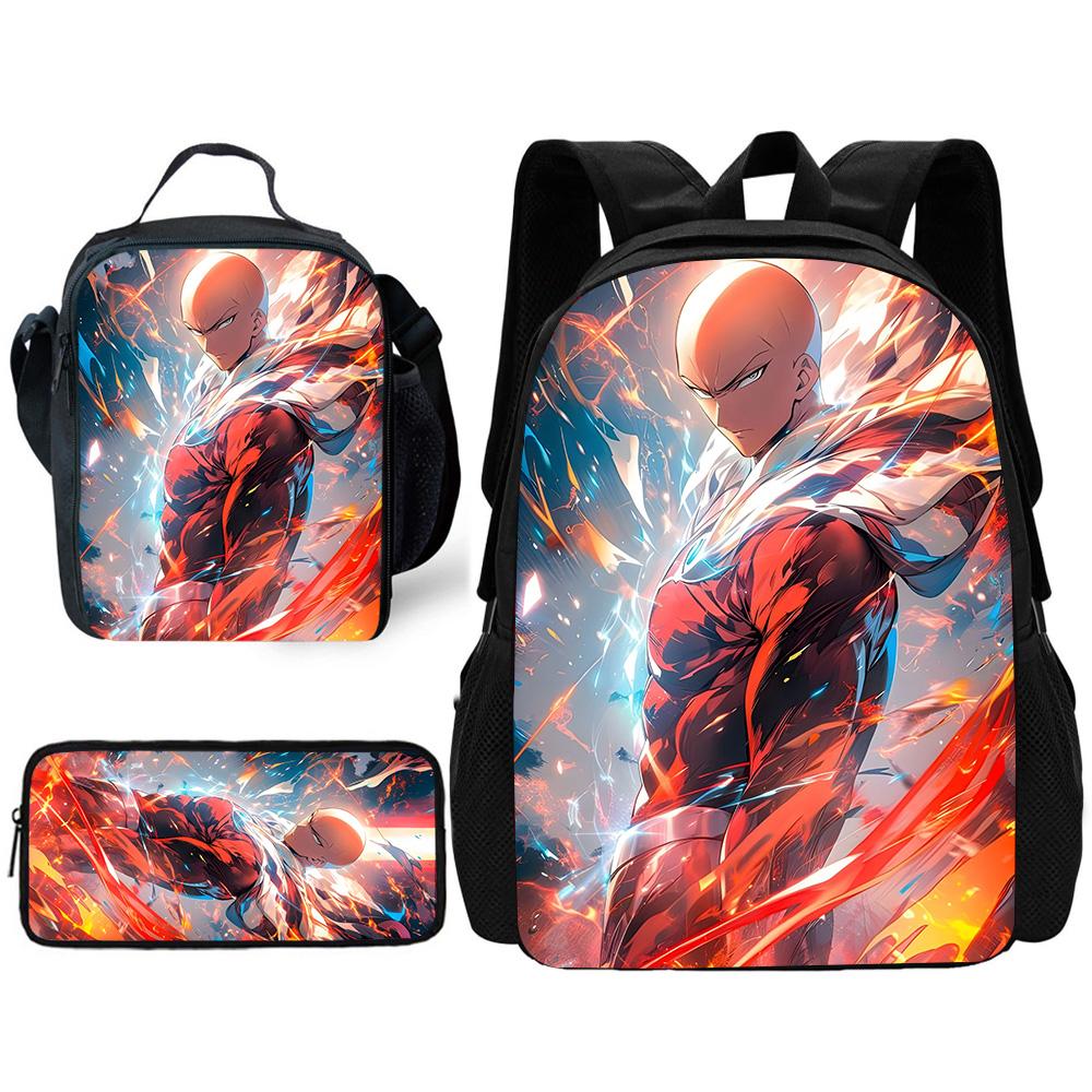 Kinder Anime One Punchs Man Schulrucksack mit Brotdosen ,Federmäppchen ,Schultaschen für Jungen Mädchen Bestes Geschenk