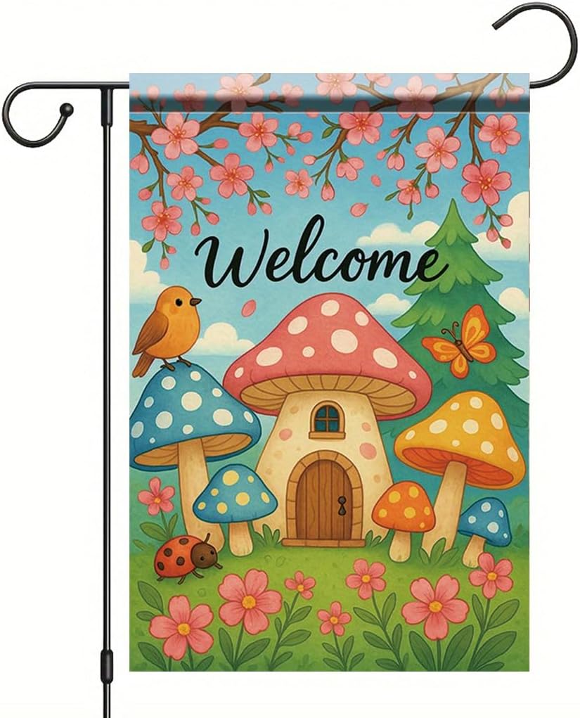 Mushroom House Garden Ag 12x18 Inch Double Sided Outdoor Yard Banner Cute Welcome Fairy Cottage with Owers and Butteri SSL