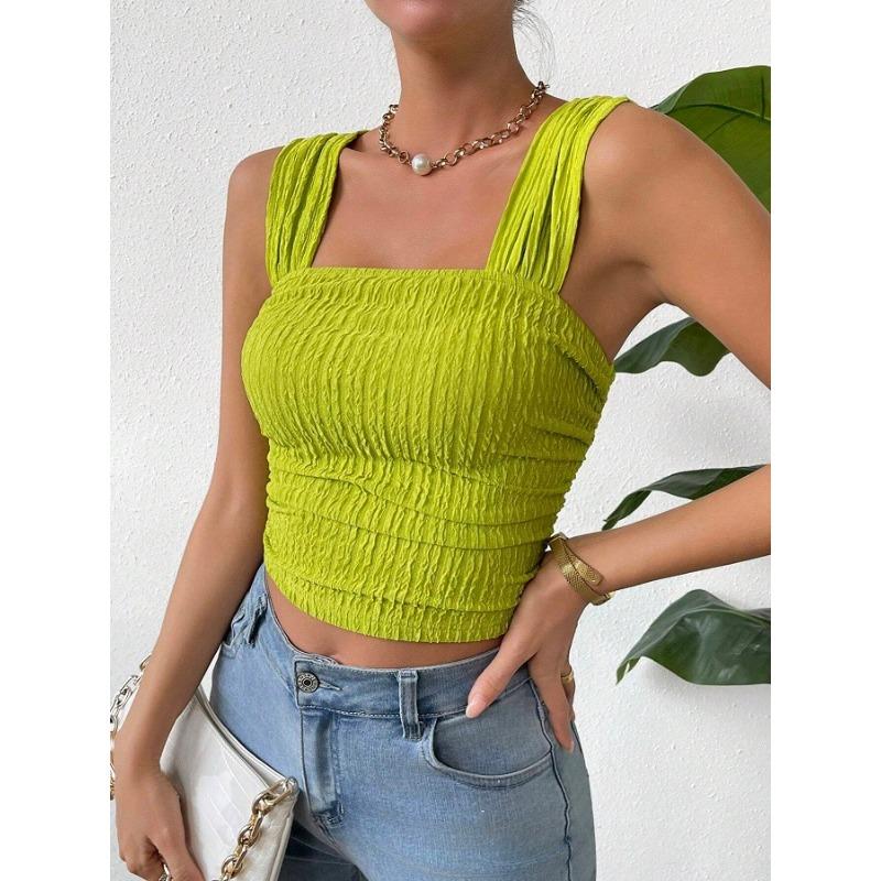 Women's Sleeveless Crop Top with Exposed Navel, Square Collar and Shoulder Strap Vest