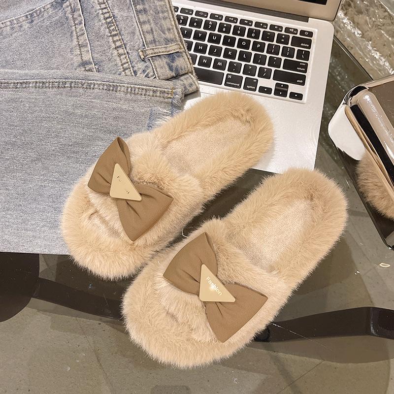 

Korean version of Mao Mao slippers spot fairy style bow plush slippers female simple style fashion word thick-soled slippers 42 хаки