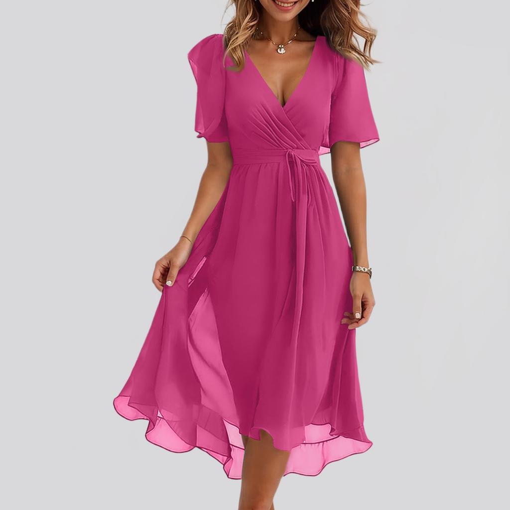 Ladies' Casual And Fashionable Solid Color V-neck Waist Cinching A-line Zipper Dress