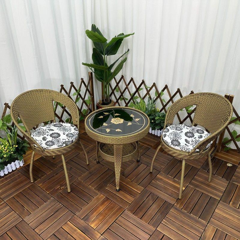 Three-Piece Chinese Style Rattan Table and Chair Set - Indoor Balcony Swivel Chair, Durable Round Five-Piece Swivel Design