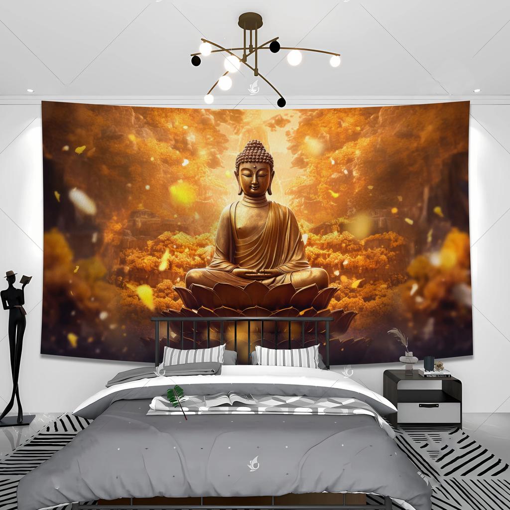 Zen Buddha Tapestry  Serene Meditation  Golden Clouds  Unique Wall Art for Yoga Room Home Decor  Spiritual Gift