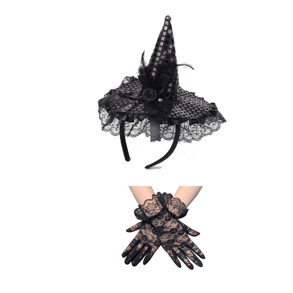 Halloween Witch Hat Headband for Halloween Costume Dress Up Party Supplies Hat Headband Lace Gloves Short Black