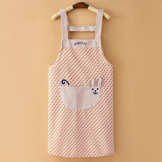Plaid Bib Apron with Rabbit Embroidery Pocket Waterproof Oil-Proof Kitchen Apron for Cooking Baking