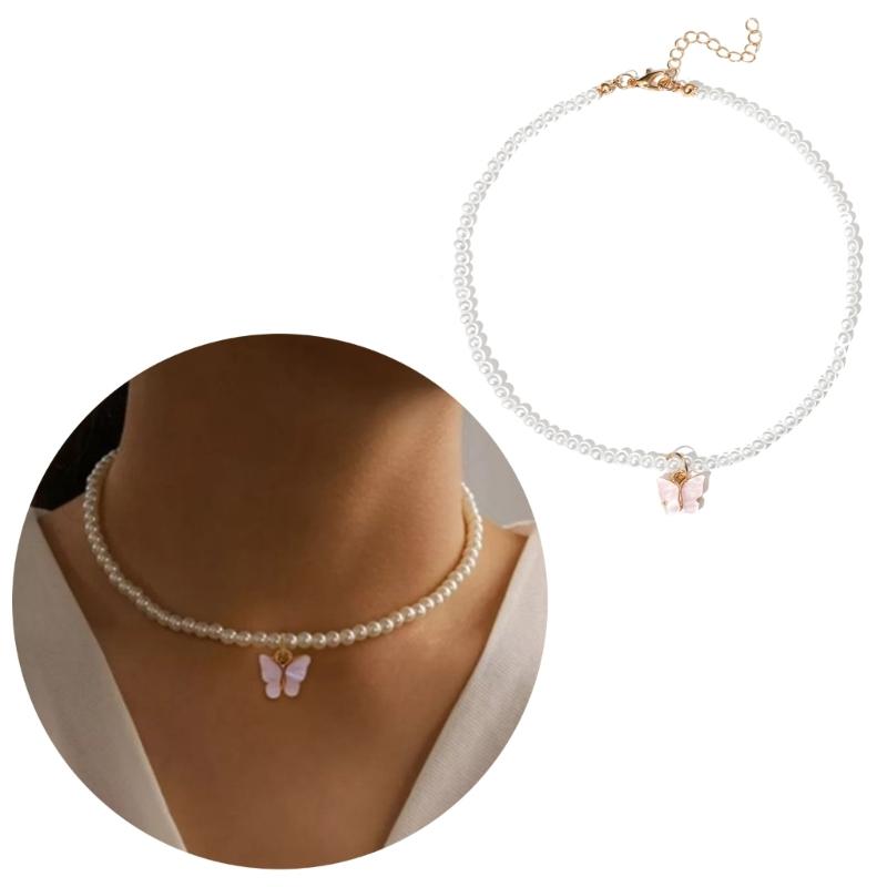 Y2K Pearls Bead Butterfly Pendant Necklace Women Fashion Egirl Punk Grunge Clavicle Chain Fashion Valentines Day Gifts