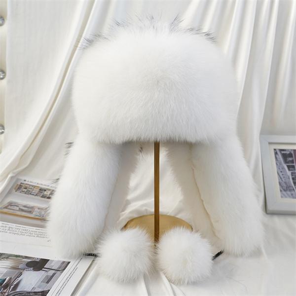 Шапки из 100% натурального лисьего меха, новинка 2022 года, женская шапка-ушанка-авиатор, лыжная шапка с наушниками, зимняя бейсбольная шапка из меха енота, теплая меховая шапка 55-59cm белый