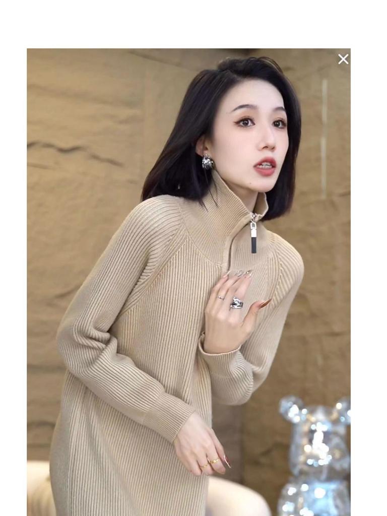 Women's Cozy High Neck Zipper Over-the-Knee Knitted Dress for Autumn & Winter