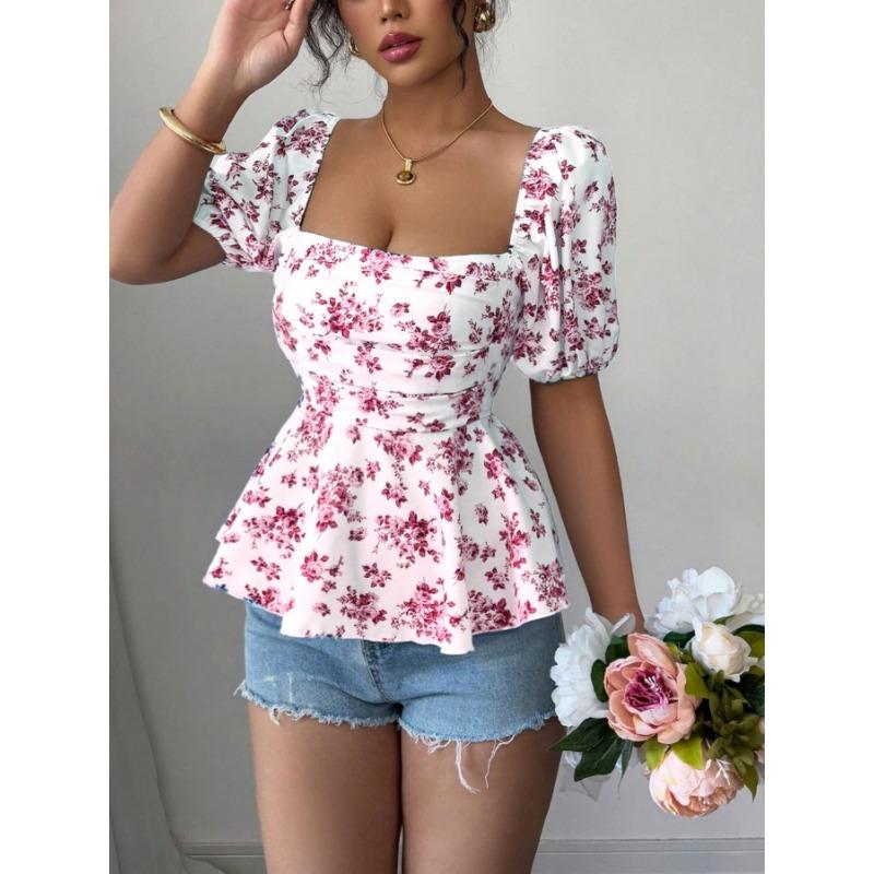 Summer New Women's Fresh and Sweet T-shirt Square Neck Puff Sleeve Floral Top