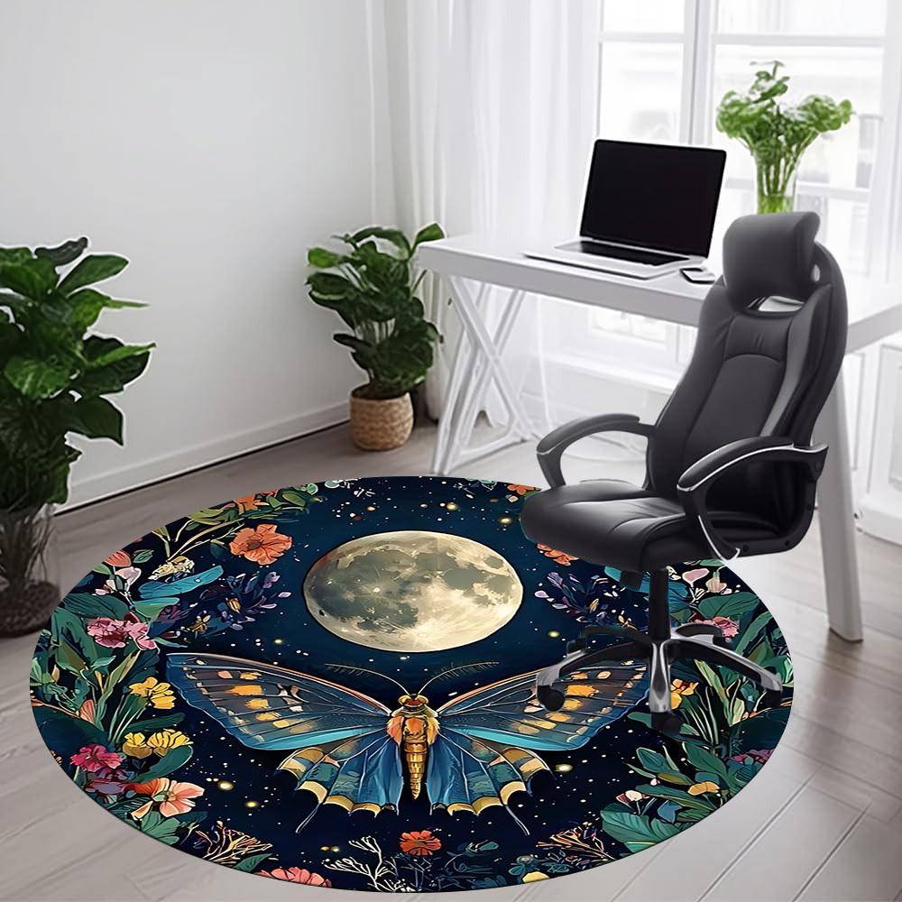 1pc Butterfly Moon Office Round Area Rug, Under Office Chairs Bedroom Living Room Home Decor, Room Deco