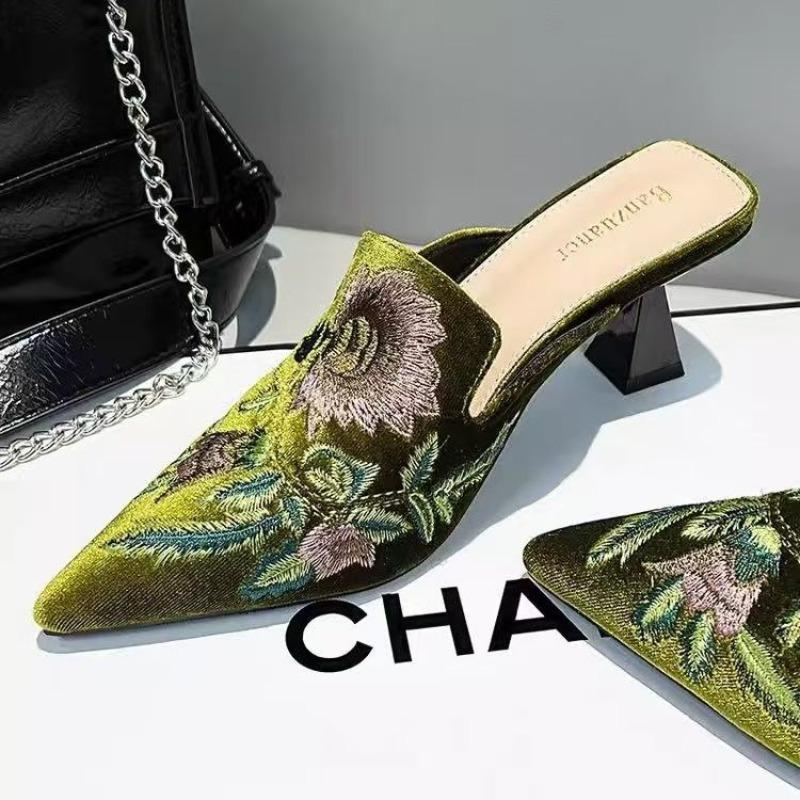 Baotou half slippers women's outer wear spring and summer embroidery pointed head thick heel cool slippers high heel sandals stiletto single shoes