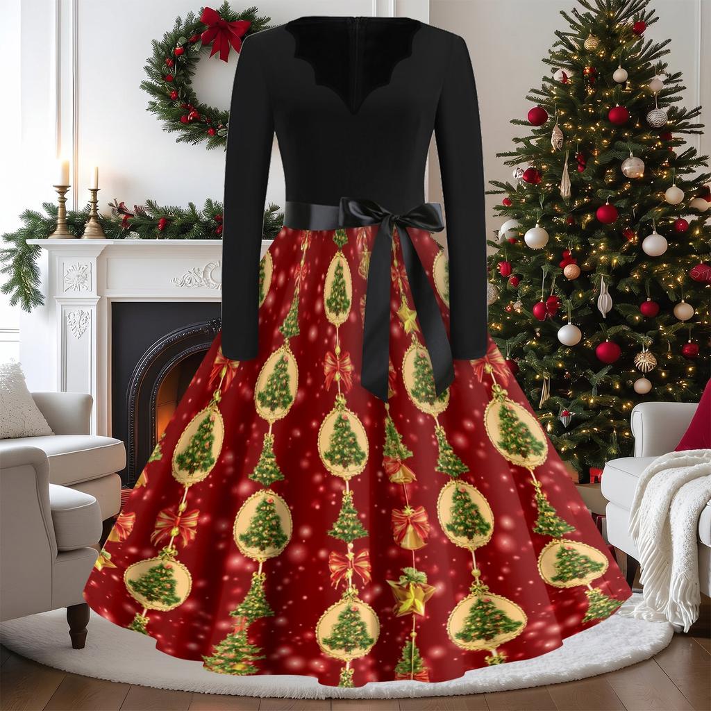 Women's Vintage V-Neck Long Sleeve Christmas Print Casual Dress