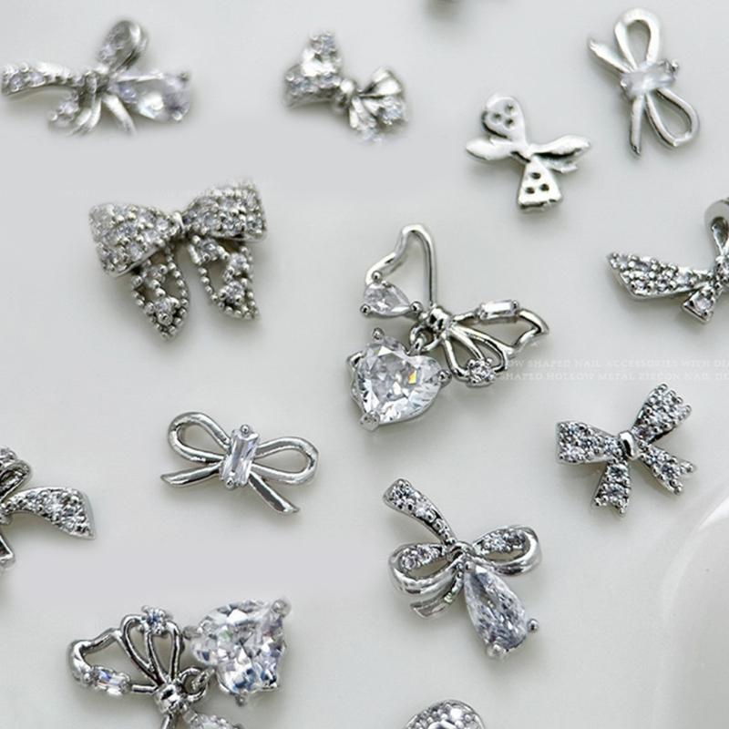 Ribbon Bowknot Nail Art Charms 3D Bow Nail Rhinestones Charm Silver Bowknot Nail Charms Nail Art Decor for Acrylic Nails