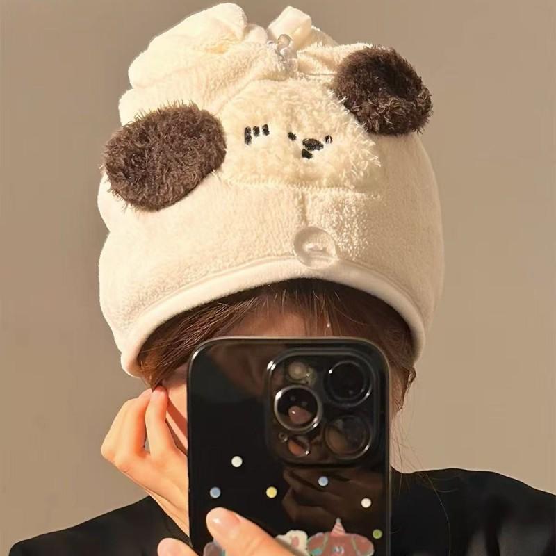 Soft Coral Fleece Hair Drying Cap Women With Cute Dog Quick Dry Absorbent Towel Hat