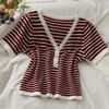 Fashion Summer Temperament Versatile Striped V-neck Pearl Buttons Short Paragraph Short-sleeved Knit Shirt Tops Female Casual Slim Fit Pullovers Tees