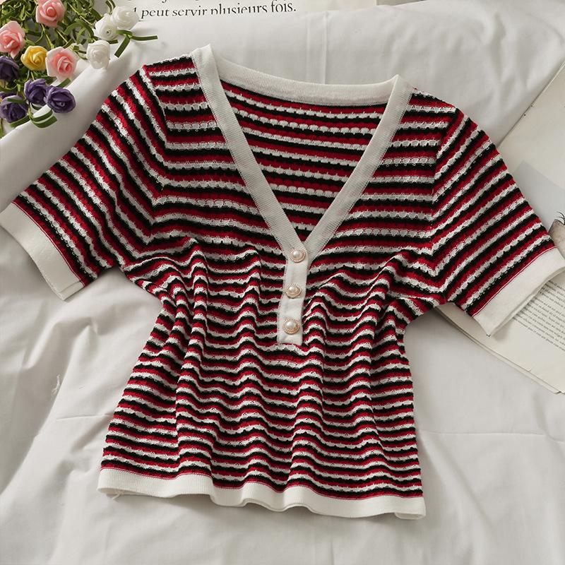 Fashion Summer Temperament Versatile Striped V-neck Pearl Buttons Short Paragraph Short-sleeved Knit Shirt Tops Female Casual Slim Fit Pullovers Tees