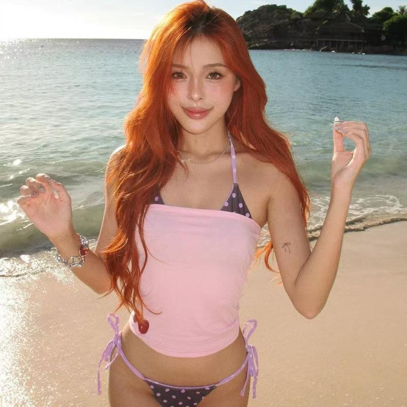 Polka dot bikini three-piece 1111 hot spring vacation split swimsuit sexy straps vacation three-piece set M розовый