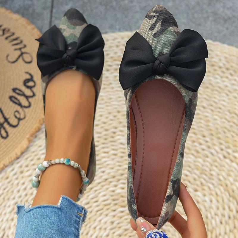 Fashion Autumn New Flat Single Shoes Women's Fashion Pointed Head Shallow Mouth Camouflage Cloth Butterfly Knot Low Top Shoes