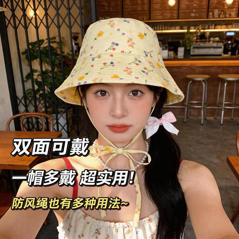 New sweet floral straps bucket hat women spring and summer travel big brim sunscreen hat show face small sun hat tide