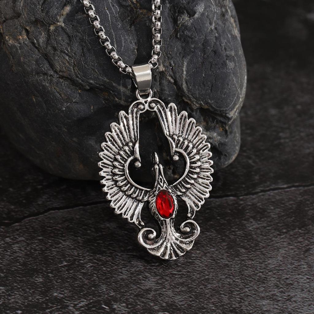 Collana con Ciondolo Fenice Vintage con Pietra Sintetica - Accessorio Tendenza Moda per Donne e Uomini