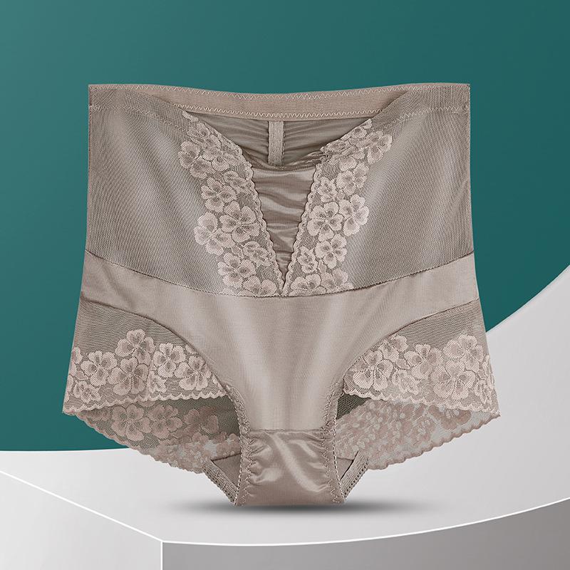 Plus Size Female Summer Hollowed-out Lace Ice Silk Sheer Mesh High Waist Tummy Tuck Panties