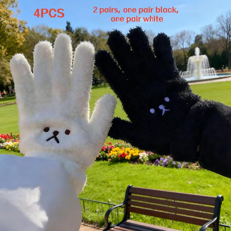 2/4Pcs (1/2 Pair) Coral Fleece Bear Embroidered Gloves, Thick Winter Warm Cartoon Anti-Cold Outdoor Cycling Gloves for Adults, Ins-Style Wi