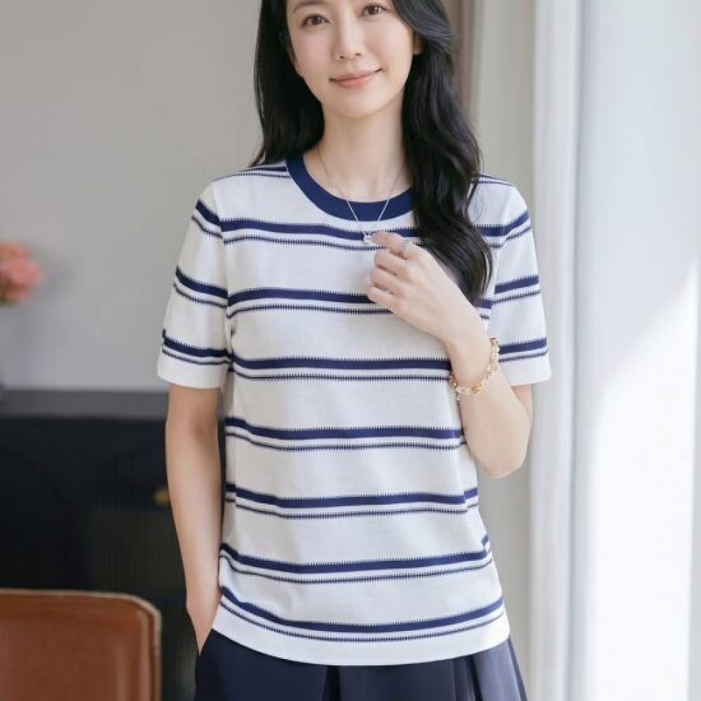 Navava Women Daily Fresh STripe Round Neck ShorT Sleeve KniT T shirT Nk3701