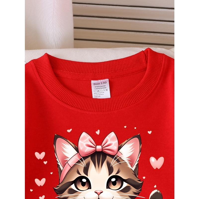 Girls Crew Neck SweatshirtCute Cat with Pink Bow And Hearts, Soft Cozy Pullover, Warm Casual Outfit for Autumn & Winter