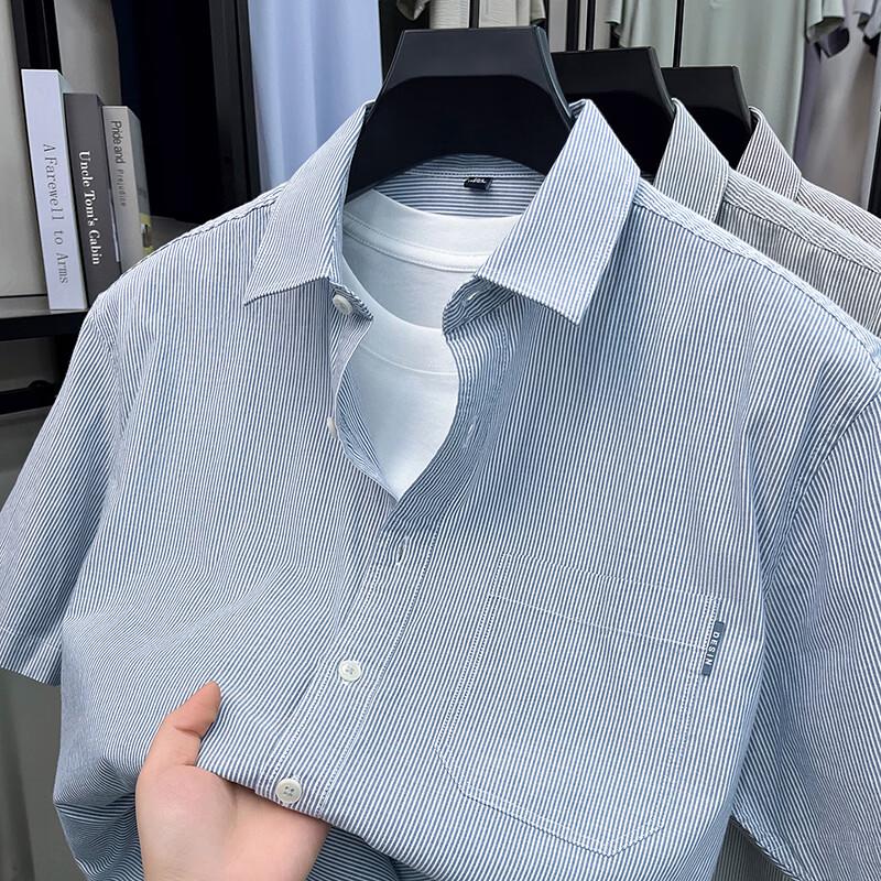 Firstview Men's Vertical Stripe Short Sleeve Cotton Shirt