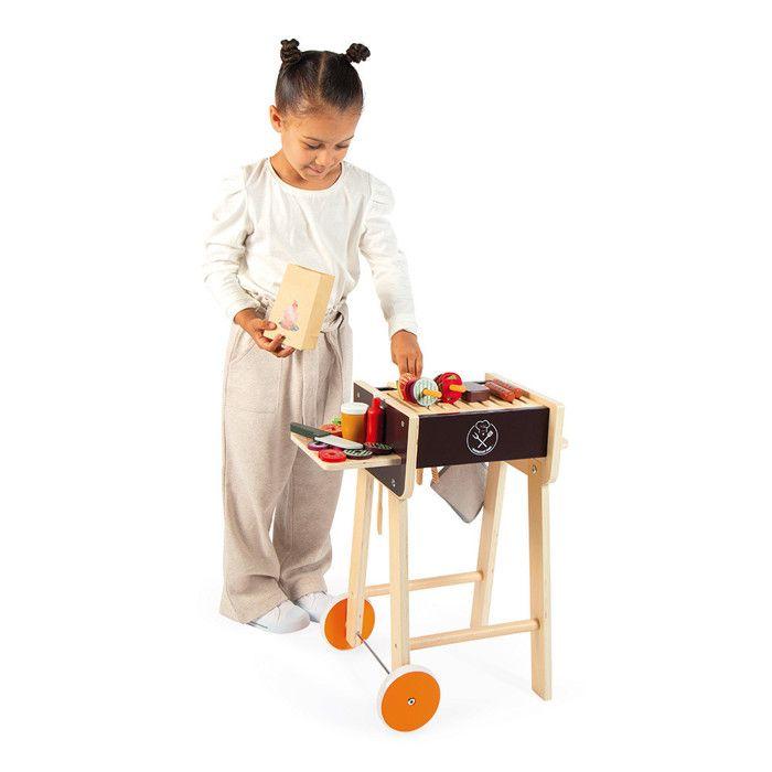 Barbecue en bois - jouet d'imitation cuisine et dinette pour enfants - 57 accessoires inclus - 2 roues silencieuses - dès 3 ans