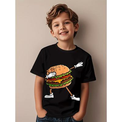 European Sizes Fun Cheese Burger Enthusiast Kids' T-Shirt - Black Short Sleeve with a Playful Burger Design, Soft Everyday Wear for Boys