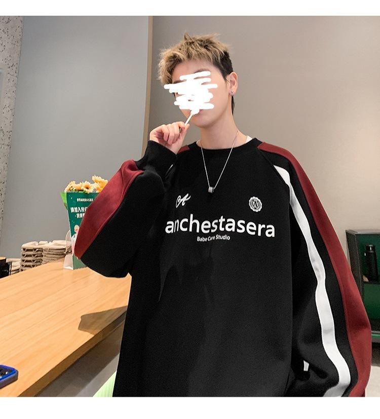 

Контрастный свитер с полосками и вставками Мужской Весенний Новый Бренд Национального Стиля Американская Молодежь Стиль High Street Свитшот с Круглым Вырезом M чёрный