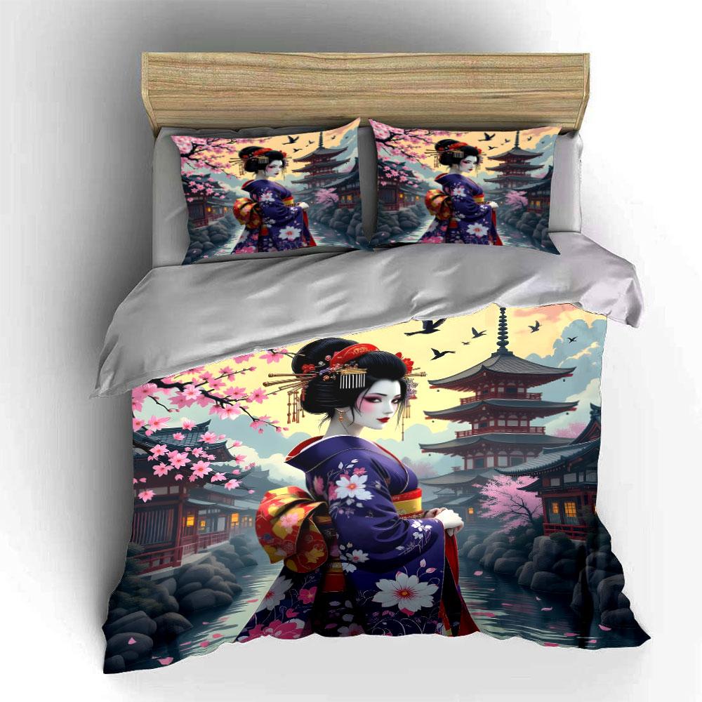 Geisha in Floral Kimono Scene Bedding Duvet Cover Set  (1*Duvet Cover 2*Pillowcases, without duvet insert)