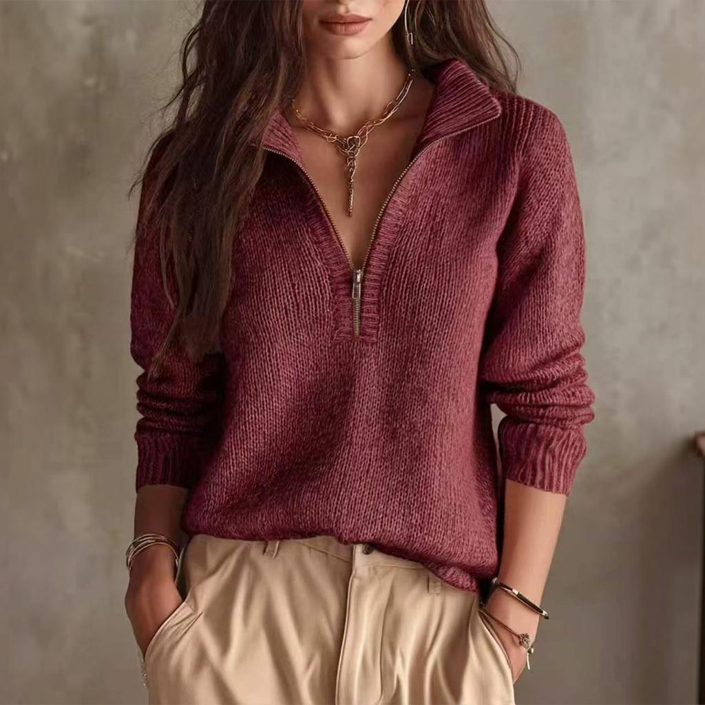 Women's Color Half Zip Long Sleeve Sweater Top Casual Knit Pullover with Collar