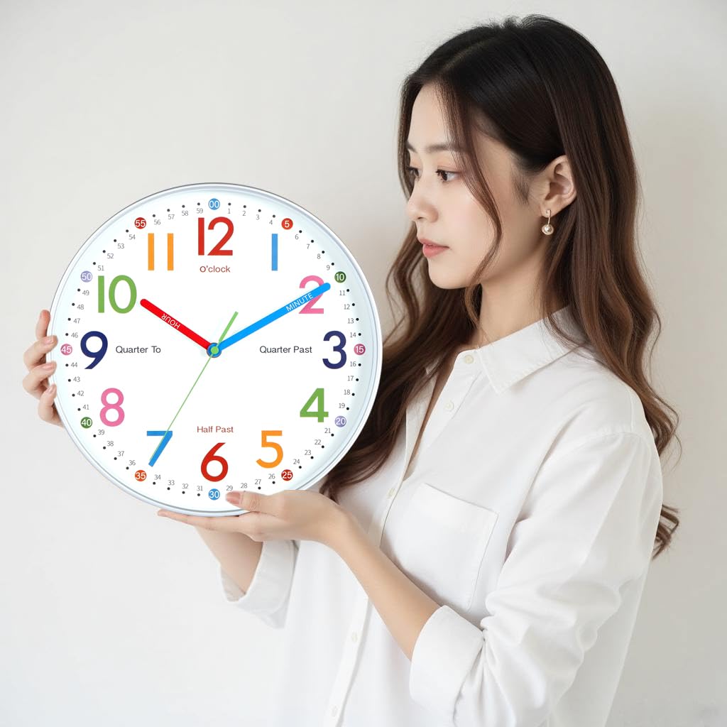 Nbdeal Educational Wall 30cm Colorful Clock, Radio-Controlled, Silent, Diameter, Dial, DB-3789
