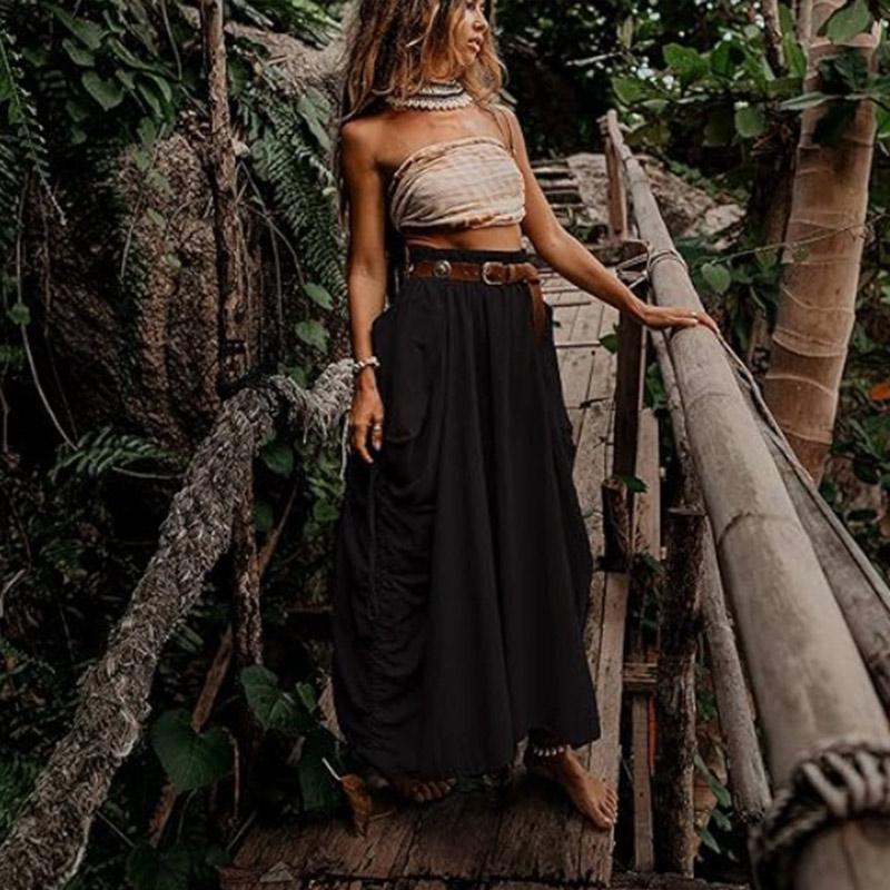 Women's Casual Half Skirt 2024 Drawstring Large Pockets Boho Loose Organic Cotton Long Skirt