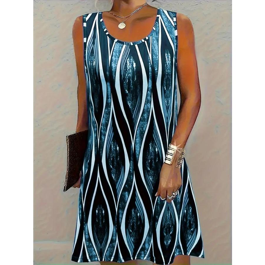 Fashion Striped Pattern Women Mini Dresses Summer Sleeveless 3D Printed Ladies Hawaii Vacation Beach Casual Dress Loose Dress