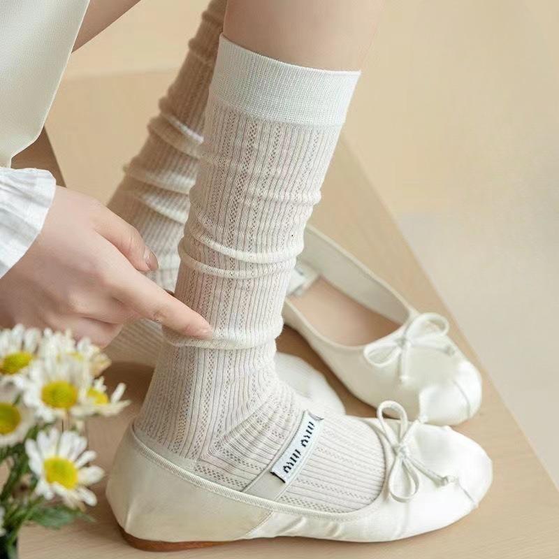Female Summer Thin Vertical Hollow Out Solid Color Calf Pile Socks