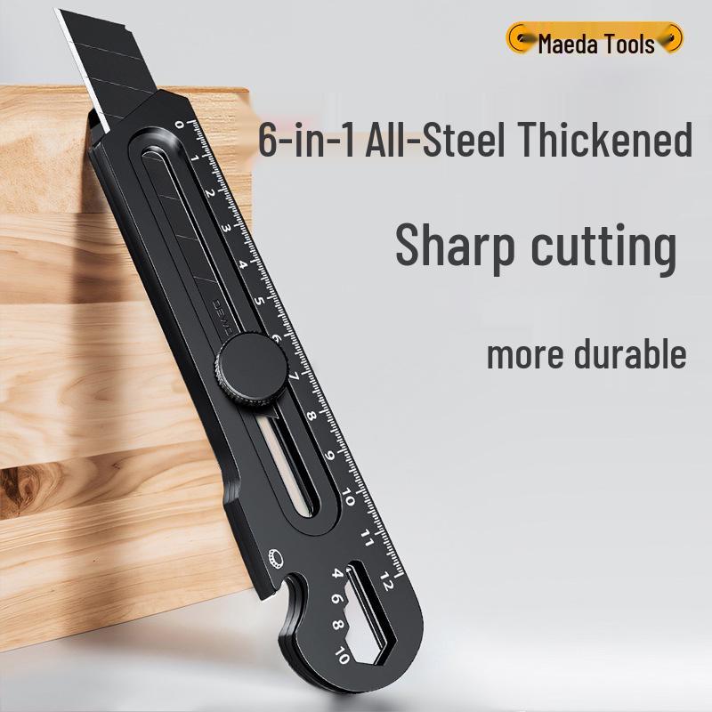 Maeda Schwerlast schwarzes Edelstahl-Utility-Messer: 6-in-1 Tapeten- und Paketmesser in Industriequalität