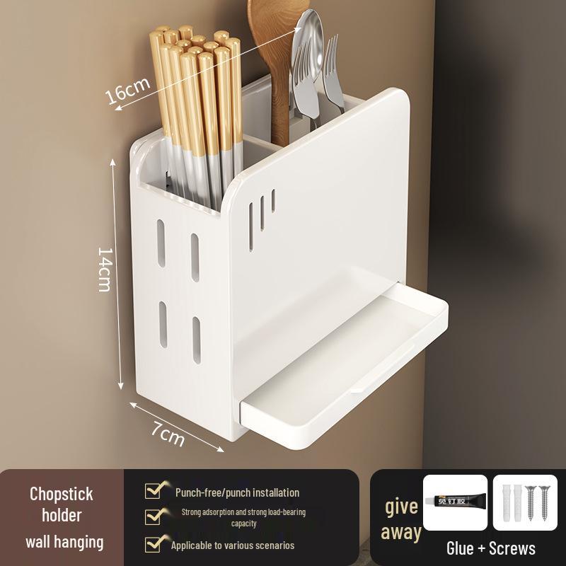 No-Drill Wall-Mounted Kitchen Storage Rack: Multifunctional Holder for Knives, Chopsticks, Pot Lids, and Seasoning Condiments