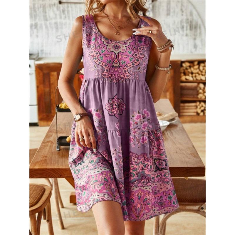 Printed Sleeveless V-neck Vest Skirt Fashion Vacation Printed Dress Women